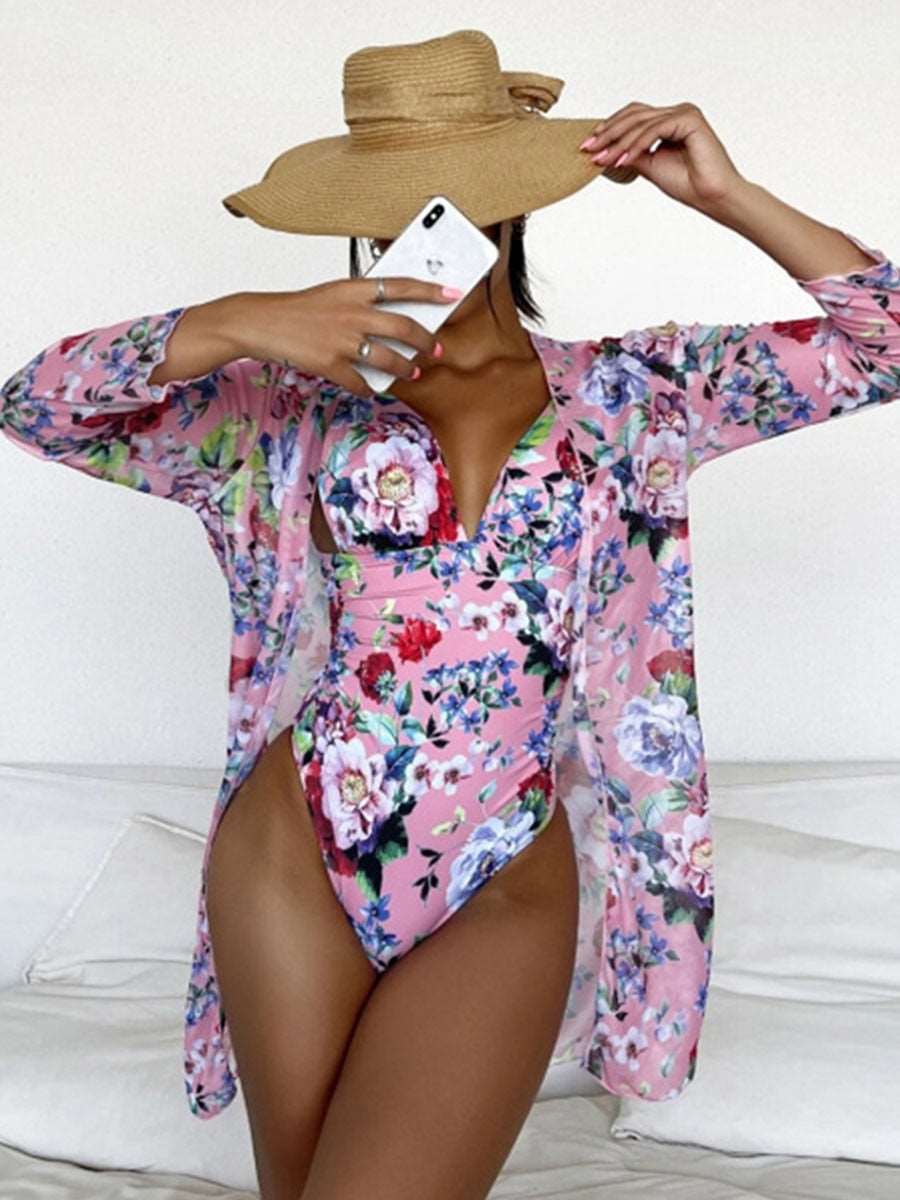 2Pack Floral One-piece Bikini Sets Women Deep V-neck Backless Swimsuit &amp;Kimono 2023 New Push Up Beach Swimwear Bathing Suits