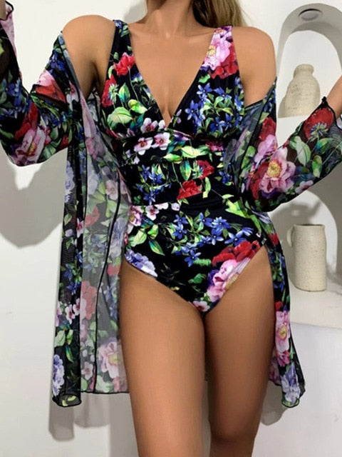 2Pack Floral One-piece Bikini Sets Women Deep V-neck Backless Swimsuit, "Floral Bliss One-Piece Swimsuit - Embrace Comfort and Style for Your