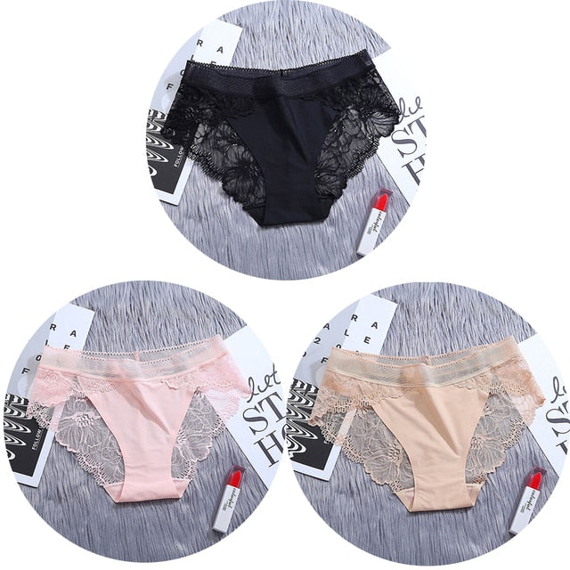 3Pcs/Lot Lace Women's Panties Sets Ice Silk Seamless Underwear - Transparent  Briefs - Mid-Rise Lingerie