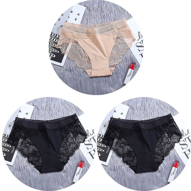 3Pcs/Lot Lace Women's Panties Sets Ice Silk Seamless Underwear - Transparent  Briefs - Mid-Rise Lingerie