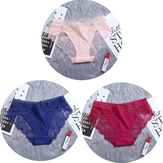 3Pcs/Lot Lace Women's Panties Sets Ice Silk Seamless Underwear - Transparent  Briefs - Mid-Rise Lingerie