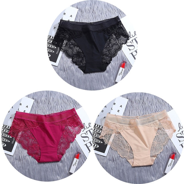 3Pcs/Lot Lace Women's Panties Sets Ice Silk Seamless Underwear - Transparent  Briefs - Mid-Rise Lingerie