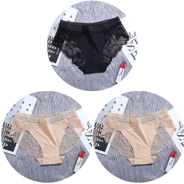 3Pcs/Lot Lace Women's Panties Sets Ice Silk Seamless Underwear - Transparent  Briefs - Mid-Rise Lingerie