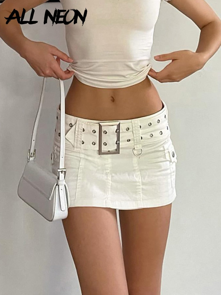 Belted Low Waist Micro Skirt Sexy Pockets White Denim Cute Bottoms Clubwear