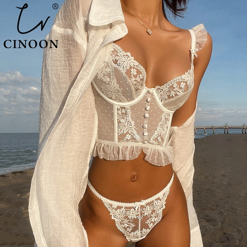 CINOON French Lingerie Sexy Women&#39;s Underwear Set Push Up Brassiere Lace Transparent Bra Panty Sets Wedding White Thin Underwear