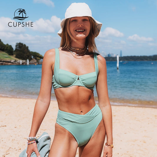 CUPSHE Underwire Push Up Textured High Waist Bikini Set Swimsuit For Women Green Two Pieces Beachwear 2022 Bathing Suit Swimwear