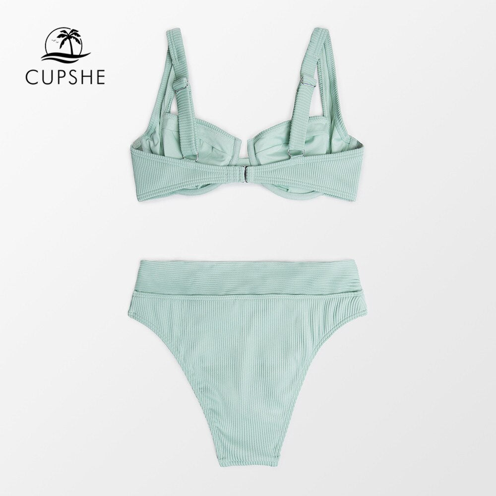 CUPSHE Underwire Push Up Textured High Waist Bikini Set Swimsuit For Women Green Two Pieces Beachwear 2022 Bathing Suit Swimwear