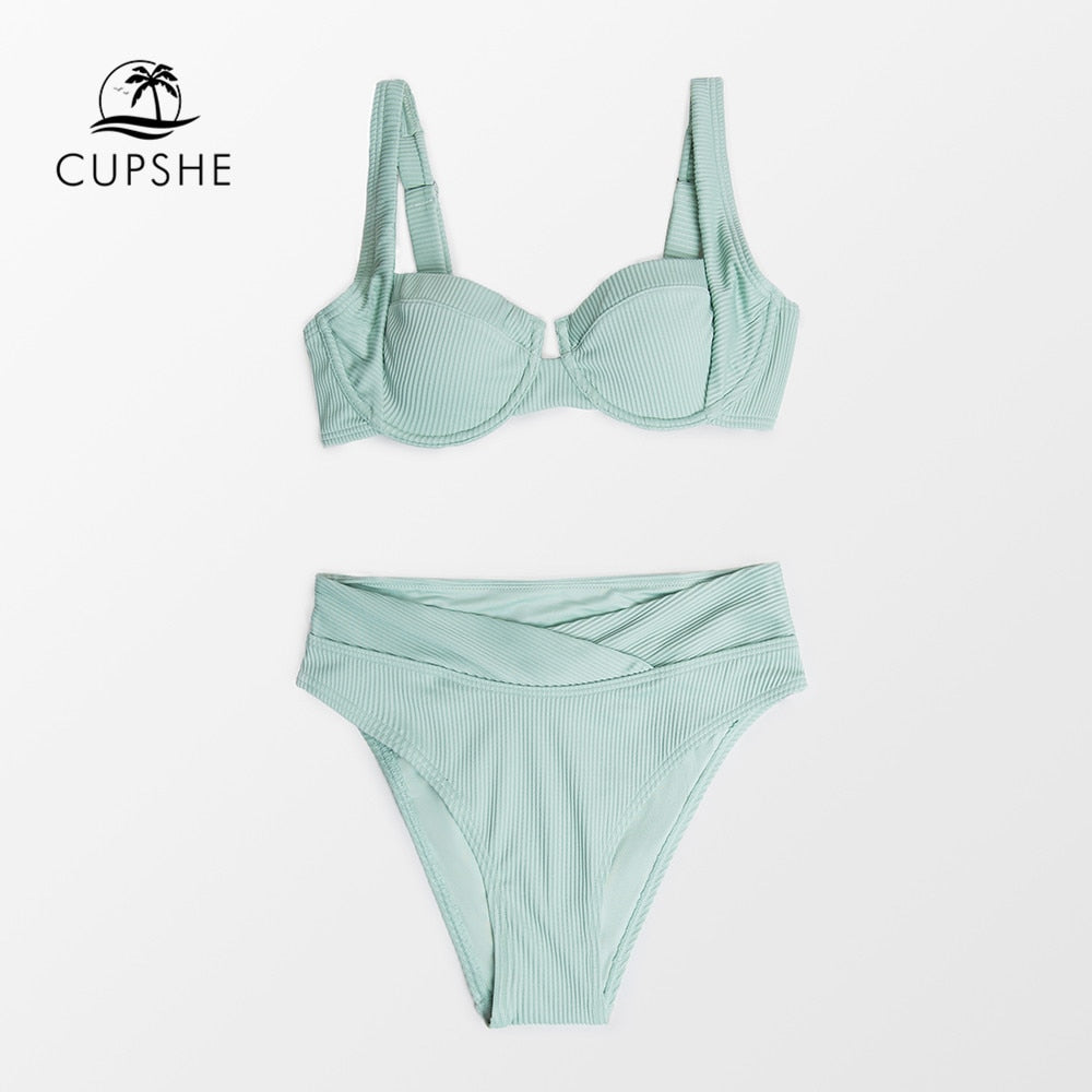 CUPSHE Underwire Push Up Textured High Waist Bikini Set Swimsuit For Women Green Two Pieces Beachwear 2022 Bathing Suit Swimwear