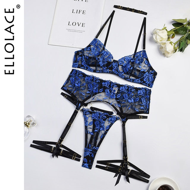 Ellolace Cobalt Fancy Lingerie Sexy Porn Underwear Women Floral Embroidery Intimate Transparent Bra Sensual Lace Exotic Sets