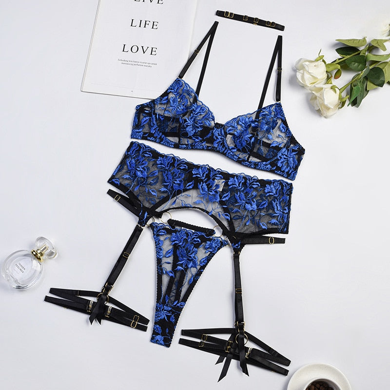 Ellolace Cobalt Fancy Lingerie Sexy Porn Underwear Women Floral Embroidery Intimate Transparent Bra Sensual Lace Exotic Sets