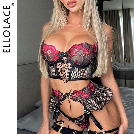 Ellolace Erotic Lingerie Sexy Bandage Transparent Bra Underwear For Sex Ruffle Garters Fantasy Thongs 3-Piece Fancy Intimate