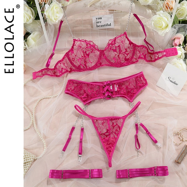 Ellolace Erotic Underwear Lace Transparent Bra Exotic Sets Sexy Thong Woman Porn Fancy Sensual Luxury Lingerie 4-Pieces