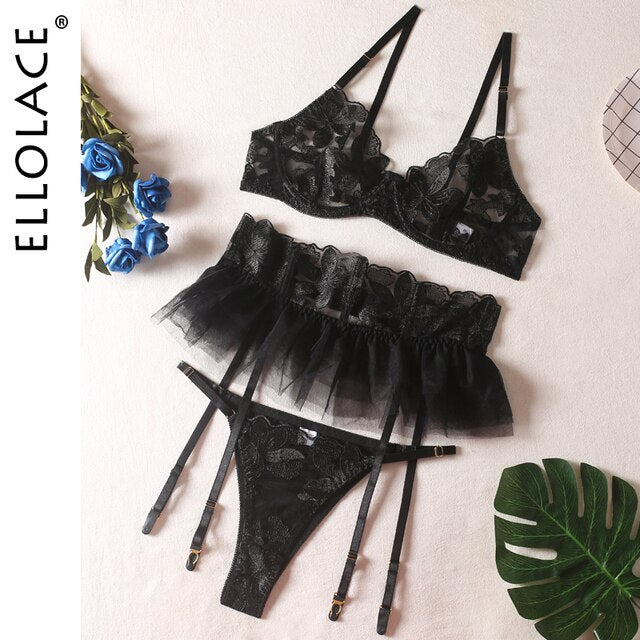 Ellolace Fancy Lingeries Luxury Lace Erotic Women's Underwear 3-Pieces Transparent Sexy Round Matching Intimate Free Shipping