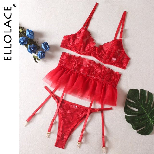 Ellolace Fancy Lingeries Luxury Lace Erotic Women's Underwear 3-Pieces Transparent Sexy Round Matching Intimate Free Shipping