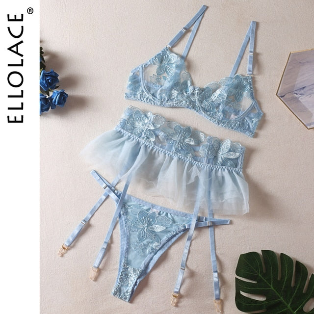 Ellolace Fancy Lingeries Luxury Lace Erotic Women's Underwear 3-Pieces Transparent Sexy Round Matching Intimate Free Shipping