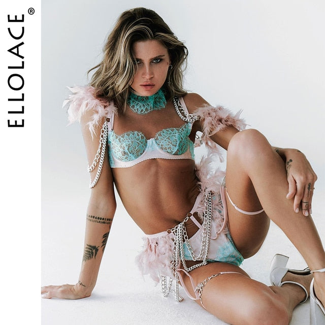 Ellolace Feather Lingerie For Women Underwear Uncensored 18 Tulle Bra With Chain See Through Erotic Delicate Lace Garter Outfits