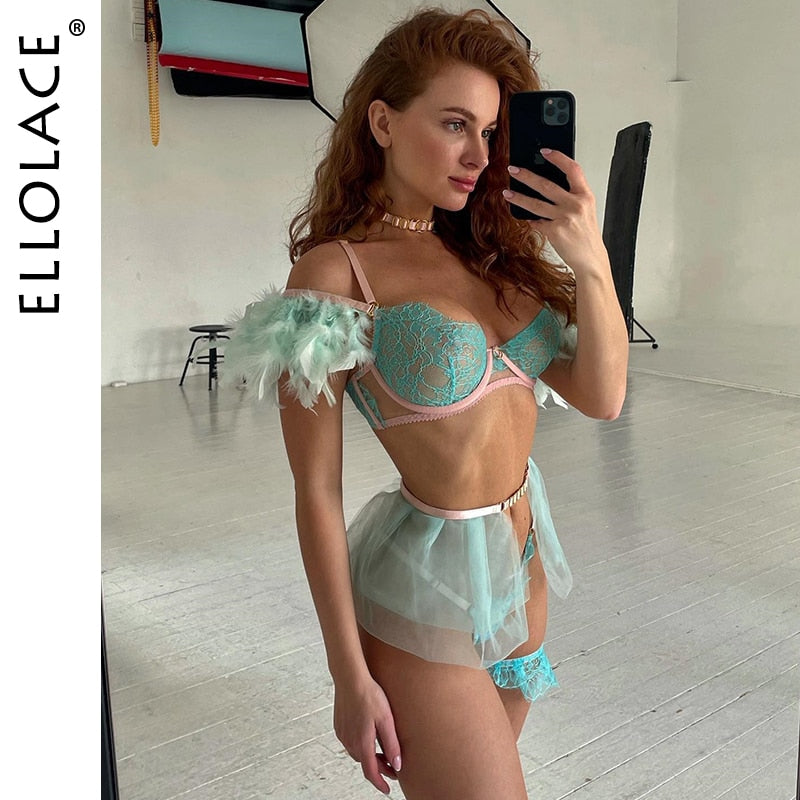 Ellolace Feather Lingerie Sexy 5-Piece Women Underwear Uncensored Fancy Transparent Lace Set Erotic Unique Porn Couple Intimate