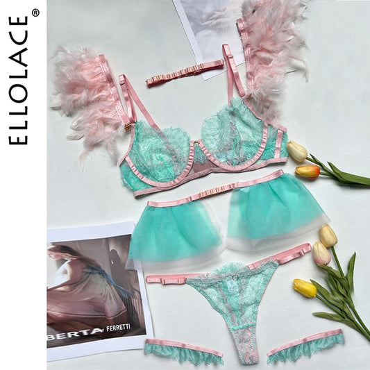 Ellolace Feather Lingerie Sexy 5-Piece Women Underwear Uncensored Fancy Transparent Lace Set Erotic Unique Porn Couple Intimate