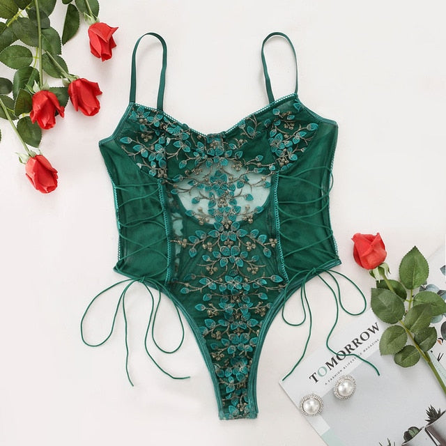 Ellolace Floral Embroidery Bodysuit Women Lace Up Bandage Bodies Sexy Sleeveless Bodycon Transparent Lingerie Mesh Bodysuits Top