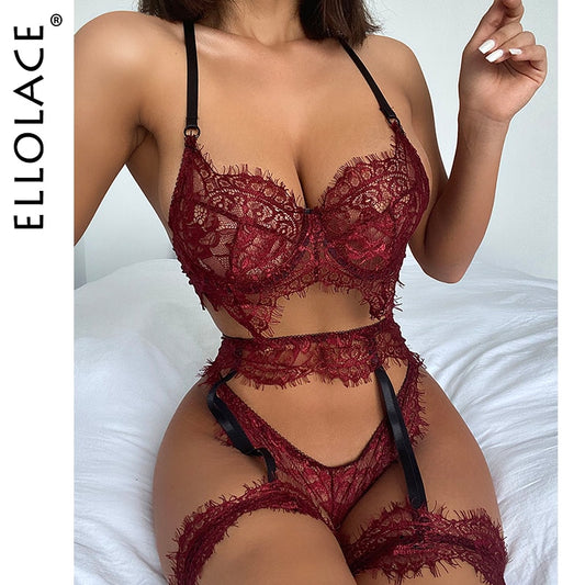 Ellolace Transparent Underwear Sexy Brief Sets with Garters