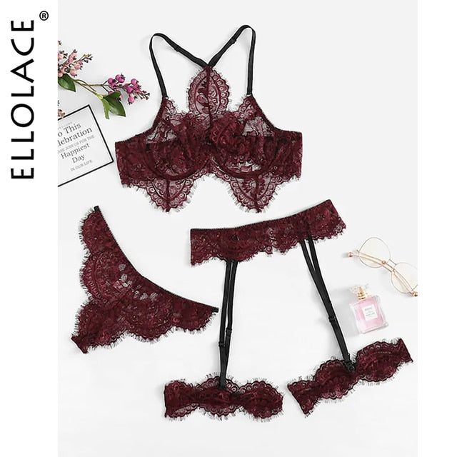 Ellolace Transparent Underwear Sexy Brief Sets with Garters