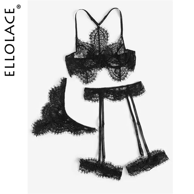 Ellolace Transparent Underwear Sexy Brief Sets with Garters