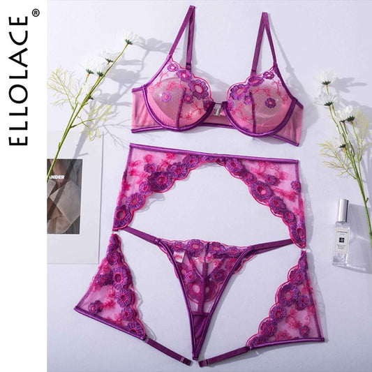 Ellolace Lingerie Fancy Female Underwear Embroidery 3-Pieces Luxury Lace Bra And Panty Sexy Garters Transparent Exotic Sets