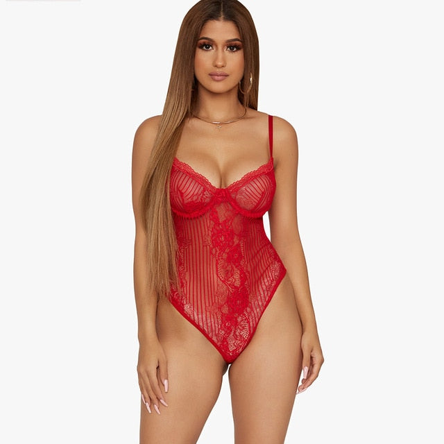 Ellolace Neon Pink Bodysuit Sexy Transparent Body Backless