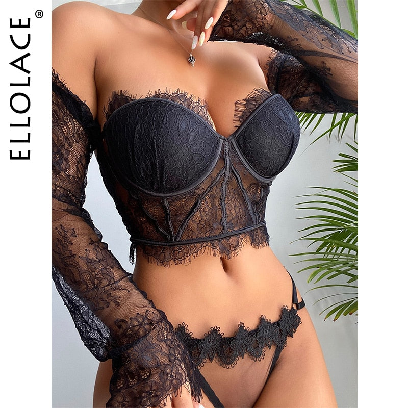 Ellolace Off Shoulder Top Sensual Lingerie Bralette Hot Sexy Long Sleeve