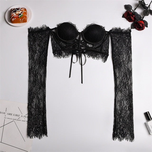 Ellolace Off Shoulder Top Sensual Lingerie Bralette Hot Sexy Long Sleeve