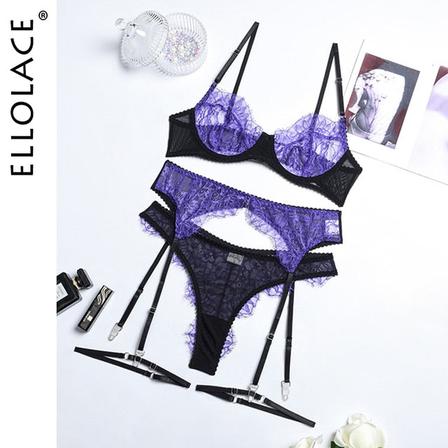 Ellolace Pornographic Lingerie Lace Sensual Exotic Set with Transparent Bra very Sexy Underwear 3-Piece Garters Hot Intimate