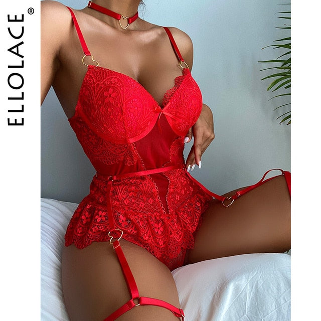 Ellolace Red Sensual Lingerie Bodysuit Lace Ruffle