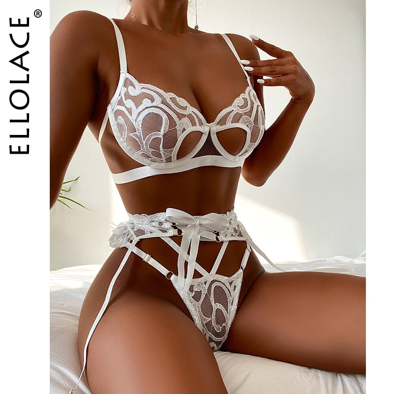 Ellolace Sensual Erotic Set 3-Piece Sexy Transparent Intimate Bra Bandage Garters