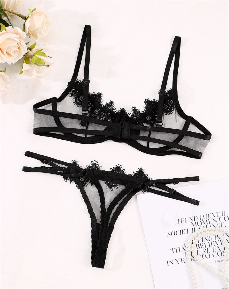 Ellolace Sensual Lingerie Woman Transparent Lace Exotic Costumes Sheer Porn Intimate 2-Piece Underwire Bra Thongs Sexy Outfit