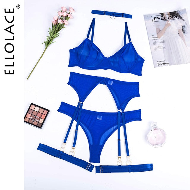 Ellolace Set Woman 4 Pieces Sexy Erotic Lingerie Underwear Bra Garters Brief Sets Transparent Lace Seamless Blue Setup Ladies