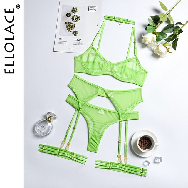 Ellolace Set Woman 4 Pieces Sexy Erotic Lingerie Underwear Bra Garters Brief Sets Transparent Lace Seamless Blue Setup Ladies