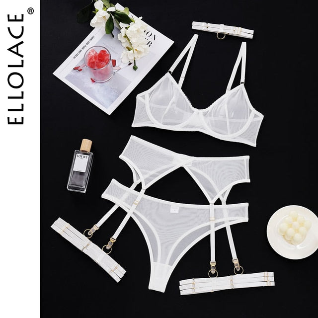 Ellolace Set Woman 4 Pieces Sexy Erotic Lingerie Underwear Bra Garters Brief Sets Transparent Lace Seamless Blue Setup Ladies