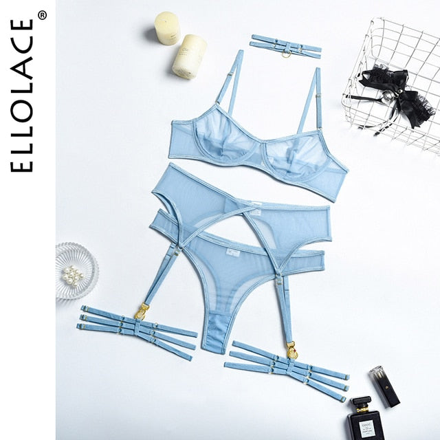 Ellolace Set Woman 4 Pieces Sexy Erotic Lingerie Underwear Bra Garters Brief Sets Transparent Lace Seamless Blue Setup Ladies