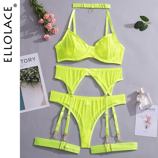 Ellolace Set Woman 4 Pieces Sexy Erotic Lingerie Underwear Bra Garters Brief Sets Transparent Lace Seamless Blue Setup Ladies