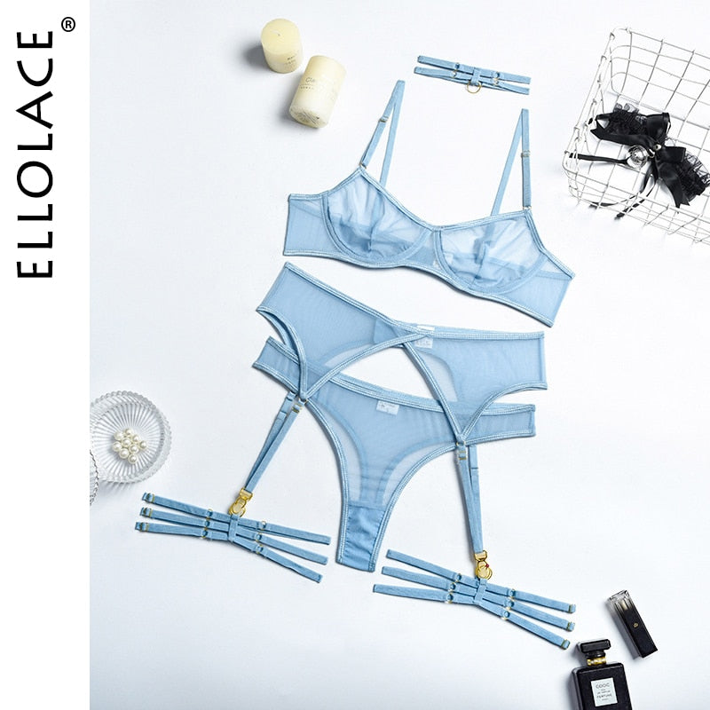 Ellolace Set Woman 4 Pieces Sexy Erotic Lingerie Underwear Bra Garters Brief Sets Transparent Lace Seamless Blue Setup Ladies