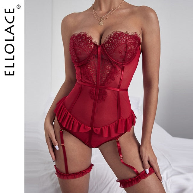 Ellolace Sexy Bodysuit - Lace Ruffle - Exotic - Ellegant