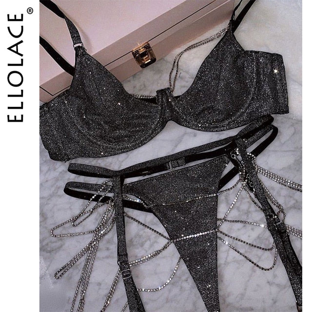 Ellolace Sparkle Chain Push Up Bra And Panty Set Women Rhinestone Intimates Lingerie Set Underwear Bralette Sexy Brief Set