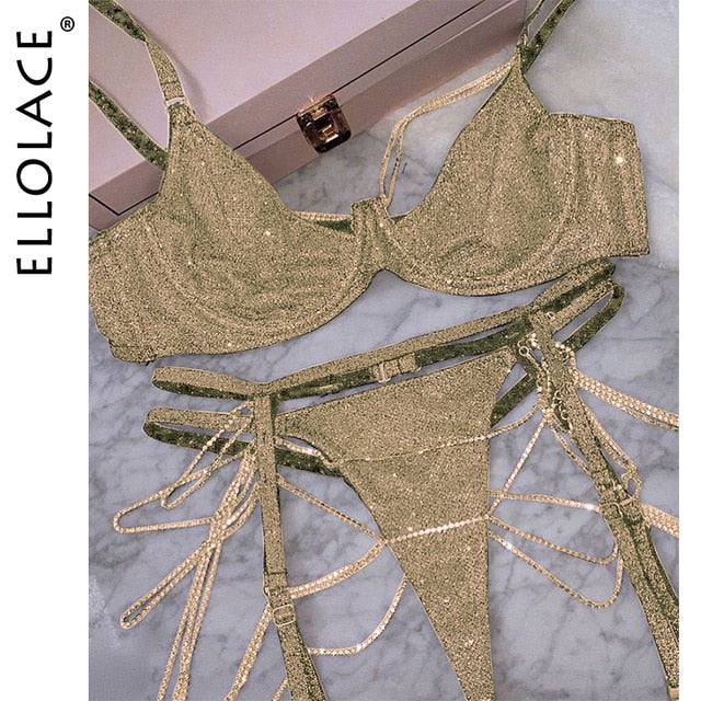 Ellolace Sparkle Chain Push Up Bra And Panty Set Women Rhinestone Intimates Lingerie Set Underwear Bralette Sexy Brief Set