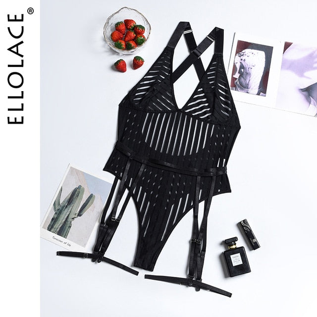 Ellolace See-Through Deep-V Halter Bodysuit