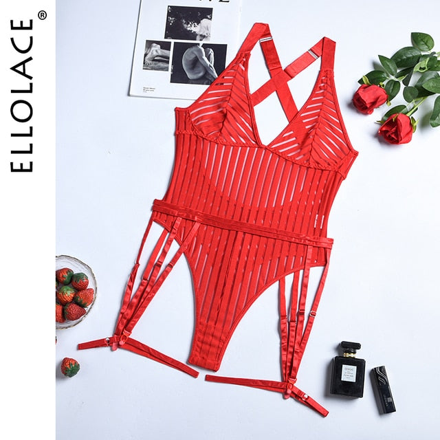 Ellolace See-Through Deep-V Halter Bodysuit