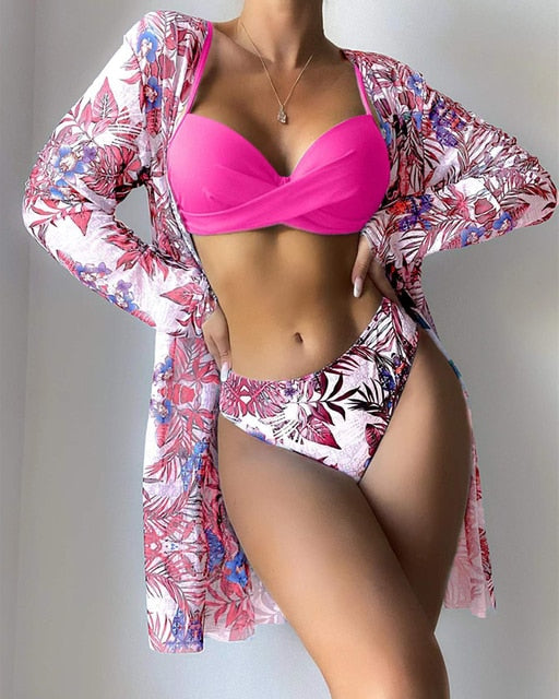 Floral Twist Low Waist Bikini Set Cover Up Swimsuit For Women Push Up Long Sleeve Three Pieces Swimwear 2022 Beach Bathing Suits