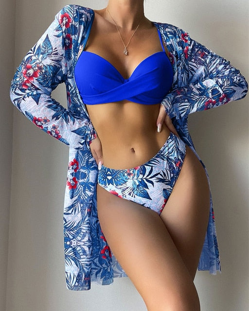 Floral Twist Low Waist Bikini Set Cover Up Swimsuit For Women Push Up Long Sleeve Three Pieces Swimwear 2022 Beach Bathing Suits