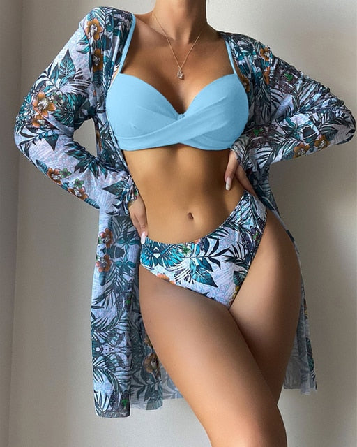 Floral Twist Low Waist Bikini Set Cover Up Swimsuit For Women Push Up Long Sleeve Three Pieces Swimwear 2022 Beach Bathing Suits