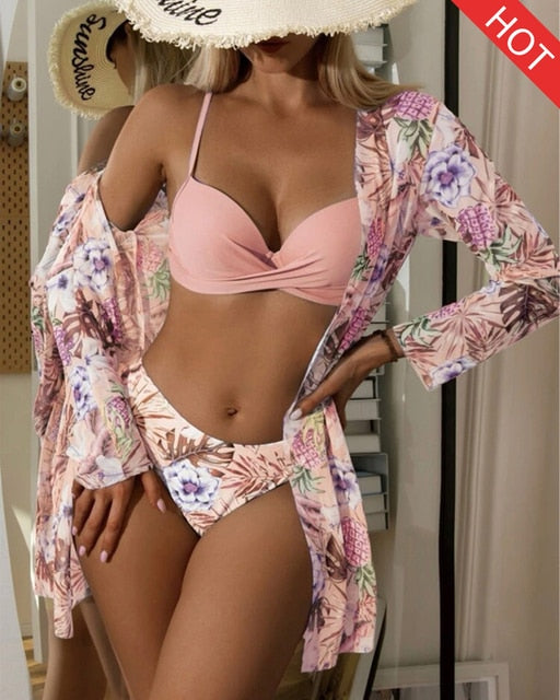 Floral Twist Low Waist Bikini Set Cover Up Swimsuit For Women Push Up Long Sleeve Three Pieces Swimwear 2022 Beach Bathing Suits