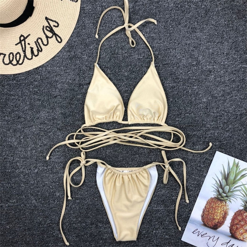 GNIM Sexy Brazilian Thong Bikini Mujer Swimwear Women 2019 Bandage Solid Swimsuit Micro Bikini Set Summer Beachwear Swim Suit